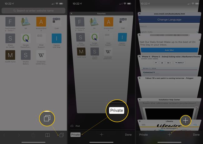 Kolme iOS-näyttöä, joissa on uusi ikkuna, yksityinen selaus ja pluspainikkeet yksityisestä selaustilasta poistumista varten