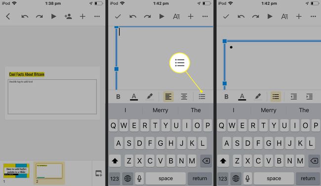 Google Slides iOS -sovellus luettelomerkityllä tekstiruudulla