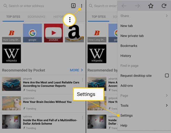 Kolmen pisteen valikkokuvake ja Asetukset-kohde Firefoxin mobiiliversiossa
