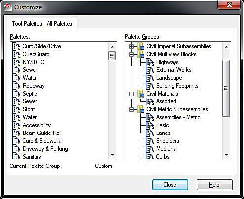 Näyttökuva AutoCAD-työkalupaletin mukauttamisesta