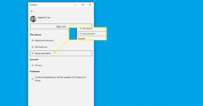 Ääniaktivointivaihtoehto Cortanan asetuksissa