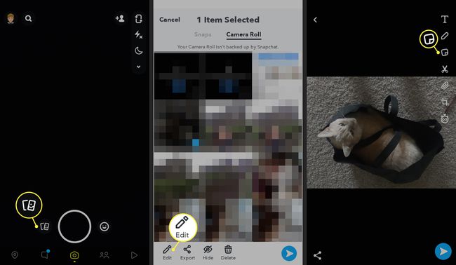 Galleria-kuvake, muokkaus- ja tarrakuvake Snapchatissa