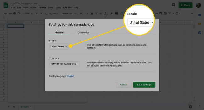 Laskentataulukkoasetukset-ikkuna Google Sheetsissa, jossa Kieli-ruutu on korostettuna