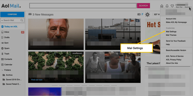 Valikkokohta Sähköpostiasetukset AOL-sähköpostissa Webissä