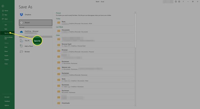 Tallenna nimellä -valikko Excelissä.