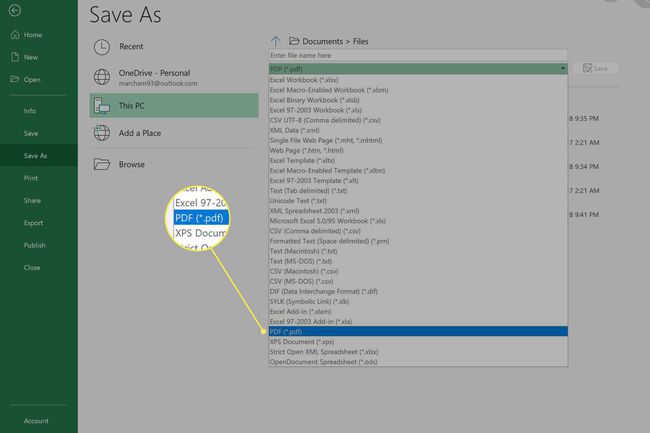 Excel näyttää, kuinka tiedosto tallennetaan PDF-muodossa