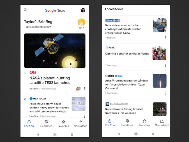 Kaksi kuvakaappausta Google News -sovelluksesta Androidille.