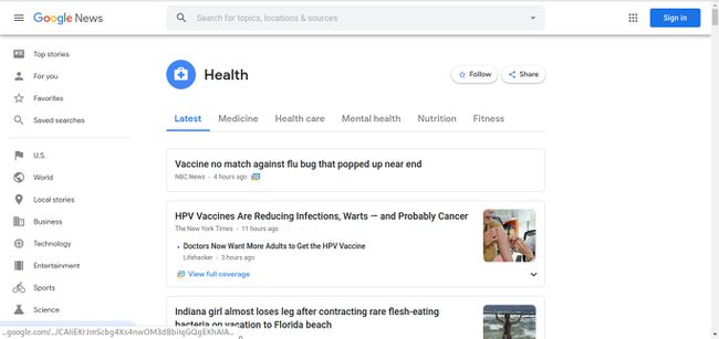 Kuvakaappaus Google-uutisten aihesivusta