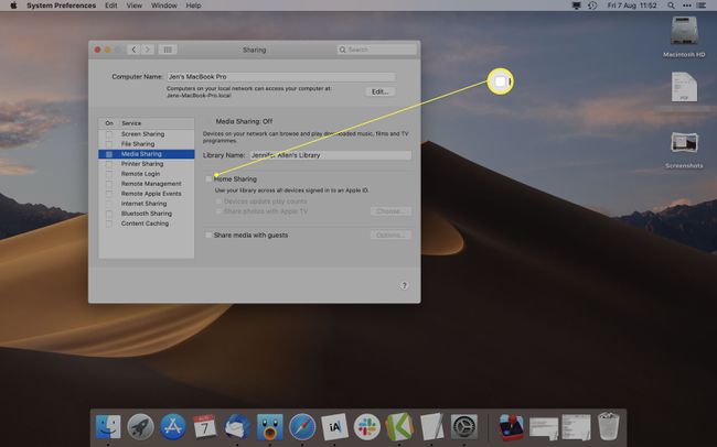 Macin järjestelmäasetukset, joissa Media Sharing korostettuna