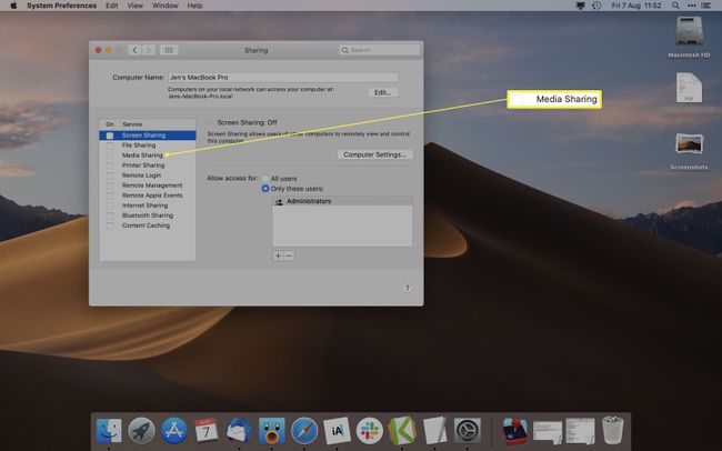 Macin järjestelmäasetukset, joissa Media Sharing korostettuna