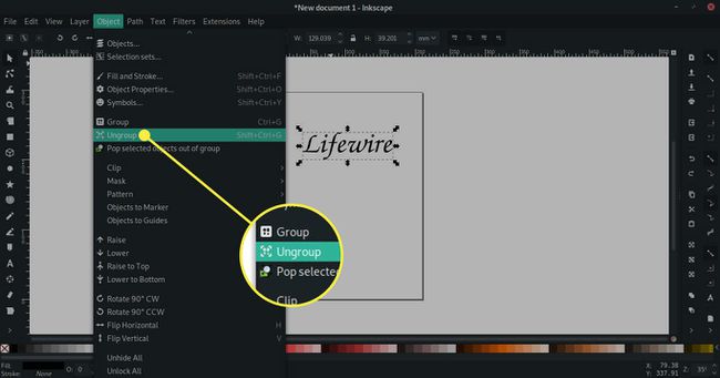 Kuvakaappaus Inkscapesta, jossa Ungroup-komento on korostettuna