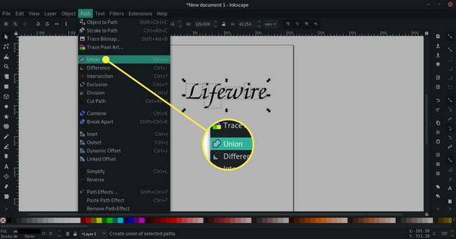 Kuvakaappaus Inkscapesta, jossa Union-komento on korostettuna