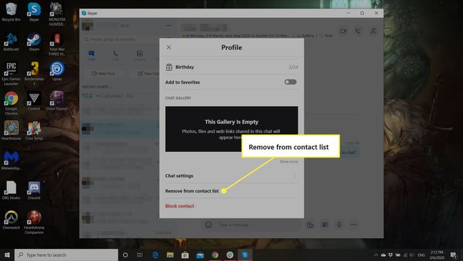 Kuvakaappaus Skype-profiilista, jossa on korostettuna Poista yhteystietoluettelosta -painike