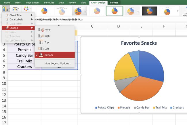 Excel-kuvakaappaus, joka näyttää selitteen lisäämisen