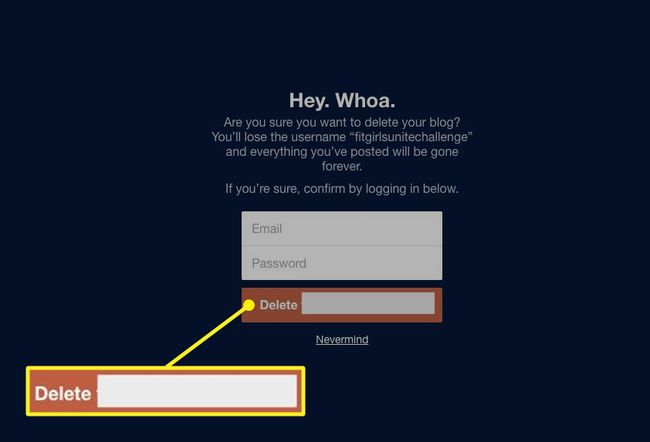 Toissijaisen Tumblr-blogin poistamisen vahvistusnäyttö