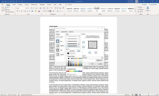 Microsoft Word -valintaikkuna, jossa reunat ja varjostukset näkyvät