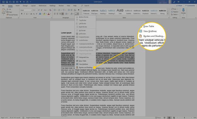 Microsoft Word Borders -valikko, jossa reunat ja varjostus on korostettuna