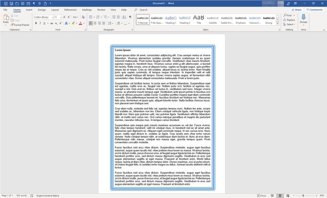 Microsoft Word tekstillä ja reunuksella yhdelle sivulle