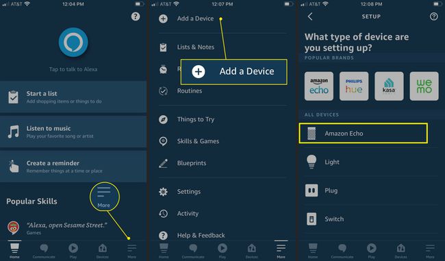 Alexa-sovelluksen vaiheet laitteen lisäämiseksi, korostettuina Lisää, Lisää laite ja Amazon Echo
