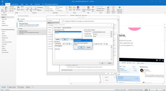 Luo nimi uudelle sähköpostin allekirjoitukselle Outlookissa.