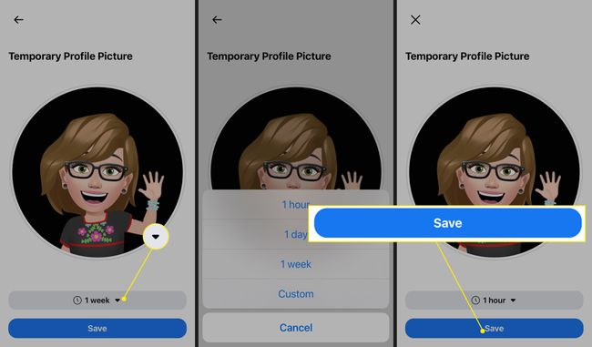 Valitse alanuoli ja valitse ajanjakso, jolloin Avatar säilyy profiilikuvana, ja napauta sitten Tallenna.