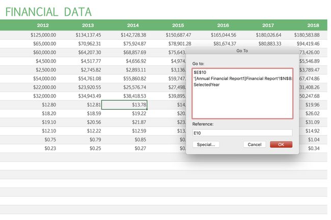 Excel näyttää Siirry valintaikkunaan