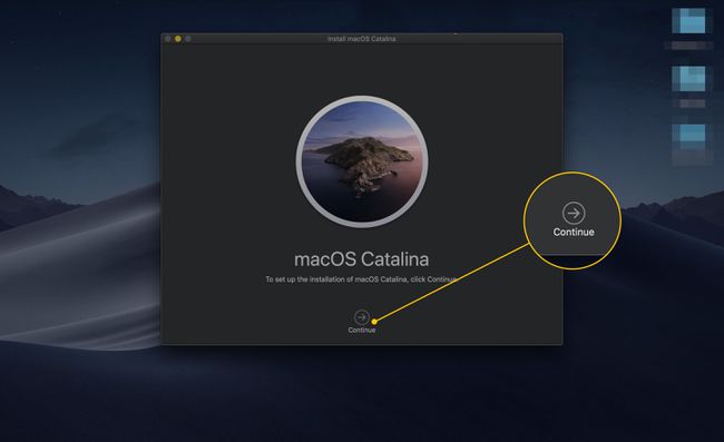 Jatka-painike MacOS Install Catalina -sovelluksessa