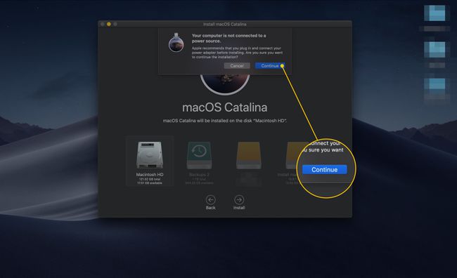 Jatka-painike MacOS Install Catalina -sovelluksessa