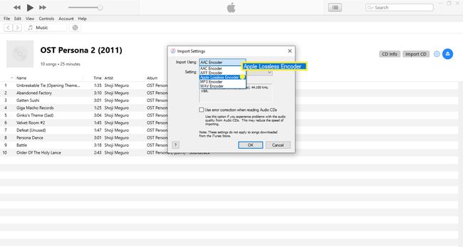 Valitse avattava Tuo käyttämällä -valikko ja valitse Apple Lossless Encoder.
