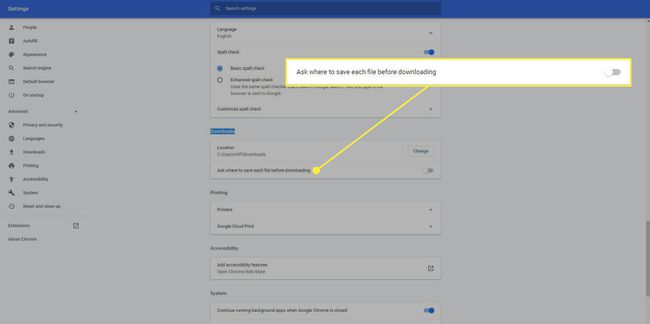 Kuvakaappaus Chromen latausasetuksista, jossa "Kysy, mihin tallentaa" -vaihtoehto on korostettuna