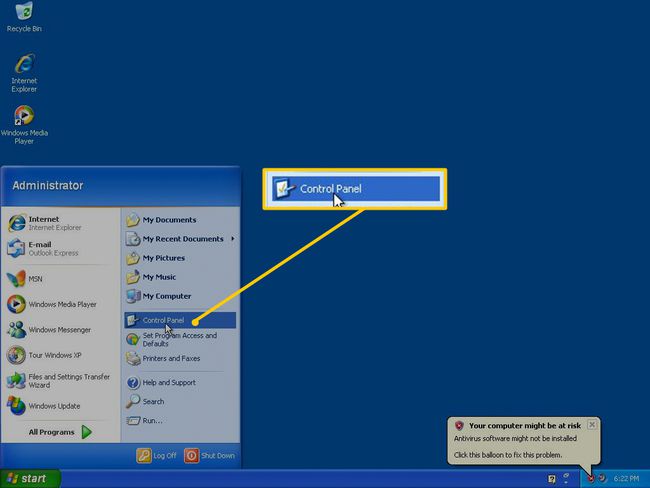 Ohjauspaneeli Windows XP:n Käynnistä-valikossa