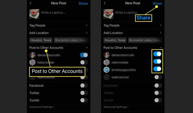 Instagram - valitse tilit kohdasta Lähetä muille tileille