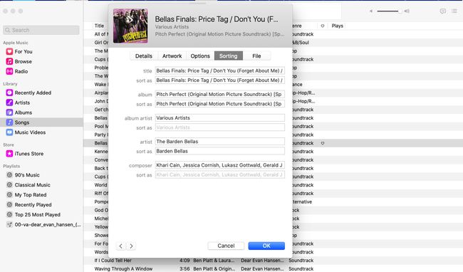 Valitse Lajittele-välilehti nähdäksesi, kuinka iTunes lajittelee tämän kappaleen.