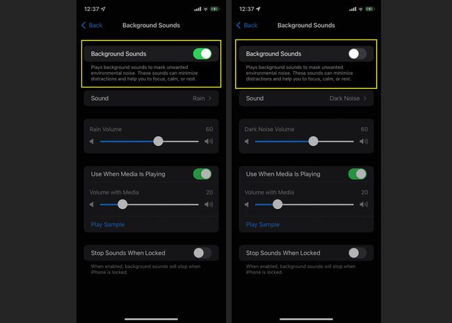 iOS 15 AudioVisuaaliset asetukset iPhonessa, taustaäänet päälle ja pois korostettuina