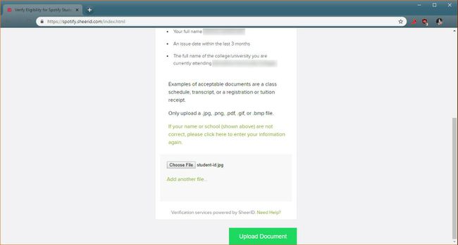 Kuvakaappaus Spotify-opiskelijaalennuksen vahvistusprosessista.