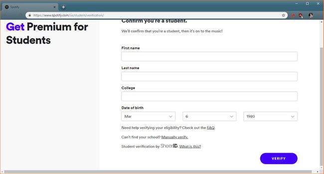 Kuvakaappaus Spotify-opiskelijan vahvistussivusta.