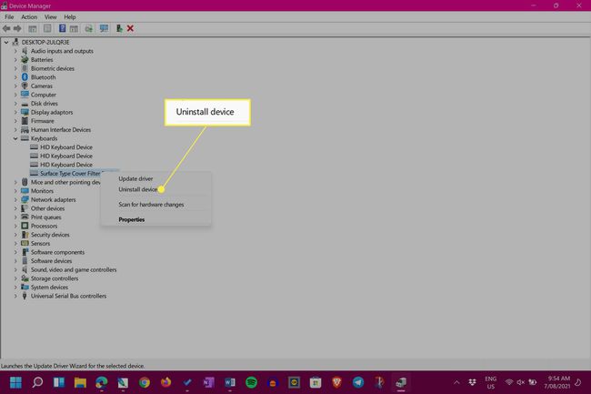 Windows 11 Device Manager, jossa näppäimistö on valittuna ja Uninstall device korostettuna
