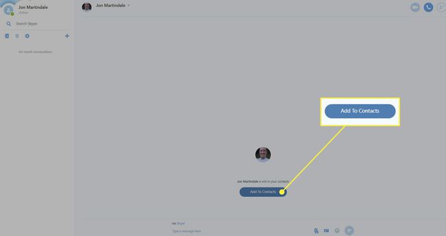 Kuvakaappaus Skypestä, jossa Lisää yhteystietoihin -painike on korostettuna