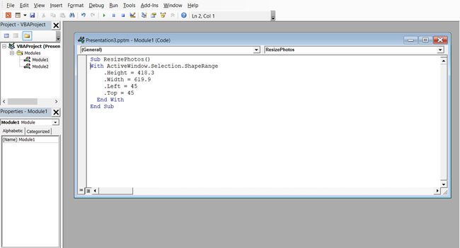 Kuvakaappaus, jossa on esimerkki VBA-koodista kuvan koon muuttamiseen PowerPointissa