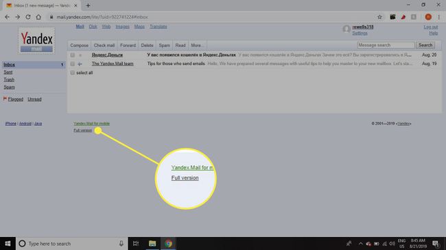 Yandex Mail täyden version linkki korostettuna