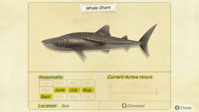 Animal Crossing: New Horizons Whale Shark Critterpedia Entry