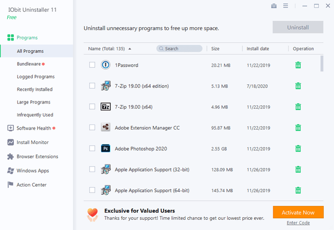 IObit Uninstaller -näyttö Kaikki ohjelmat