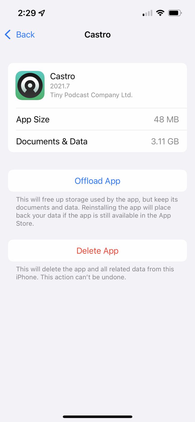 Kuvakaappaus iPhone App Storage -asetusnäytöstä