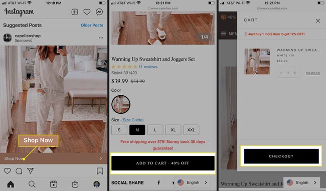 Napauta Osta nyt -painiketta tehdäksesi ostoksia Instagram-kaupassa
