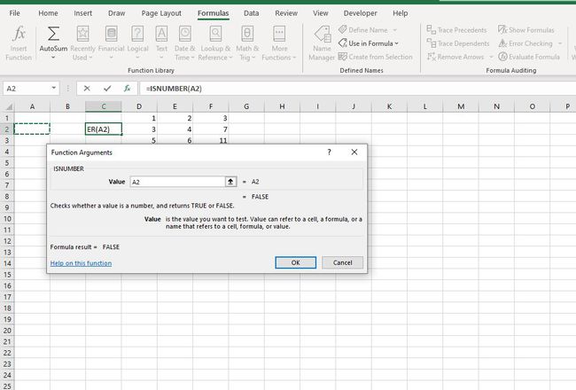 A2 arvossa ISNUMBER Function Arguments -valintaikkunassa