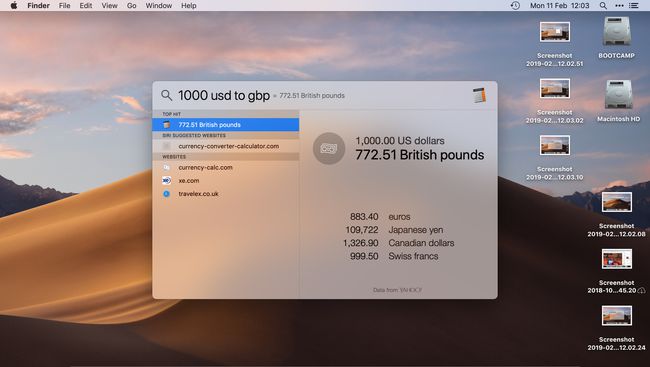 Valuuttamuunnos Mac OS Spotlight -haun kautta