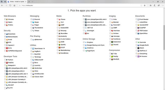 Valitse sovellukset Ninite-asennusohjelmaa varten.