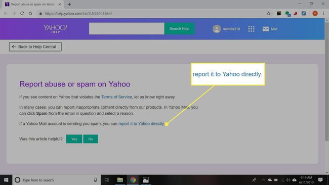 Kuvakaappaus Yahoon ohjesivusta, jossa näkyy "ilmoita siitä suoraan Yahoolle" vaihtoehto korostettuna