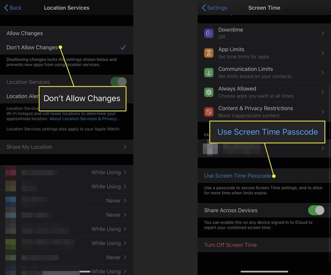 iPhone-kuvakaappaukset, joissa näkyy "Älä salli muutoksia" ja "Käytä Screen Time -salasanaa" komennot korostettuina
