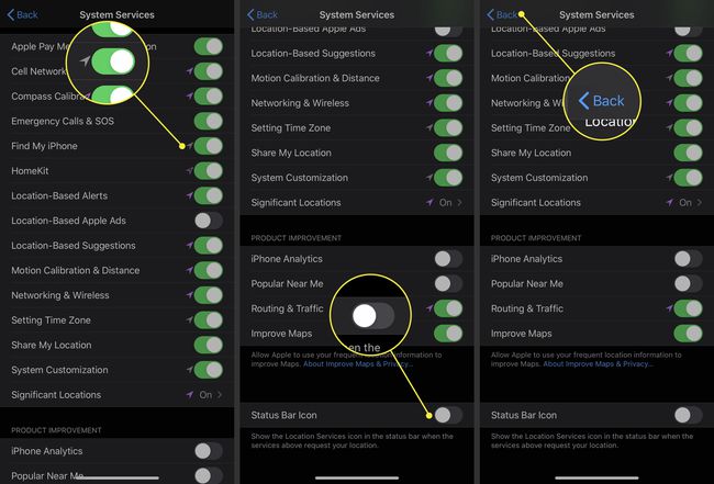 iPhone-kuvakaappaukset, joissa näkyy Find My iPhone, tilapalkin kuvake ja paluupainike